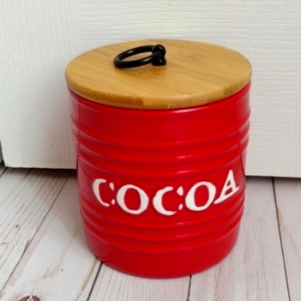 Red Hot Cocoa Ceramic Storage Canister Retro Kitchen Hot Chocolate Wood Lid